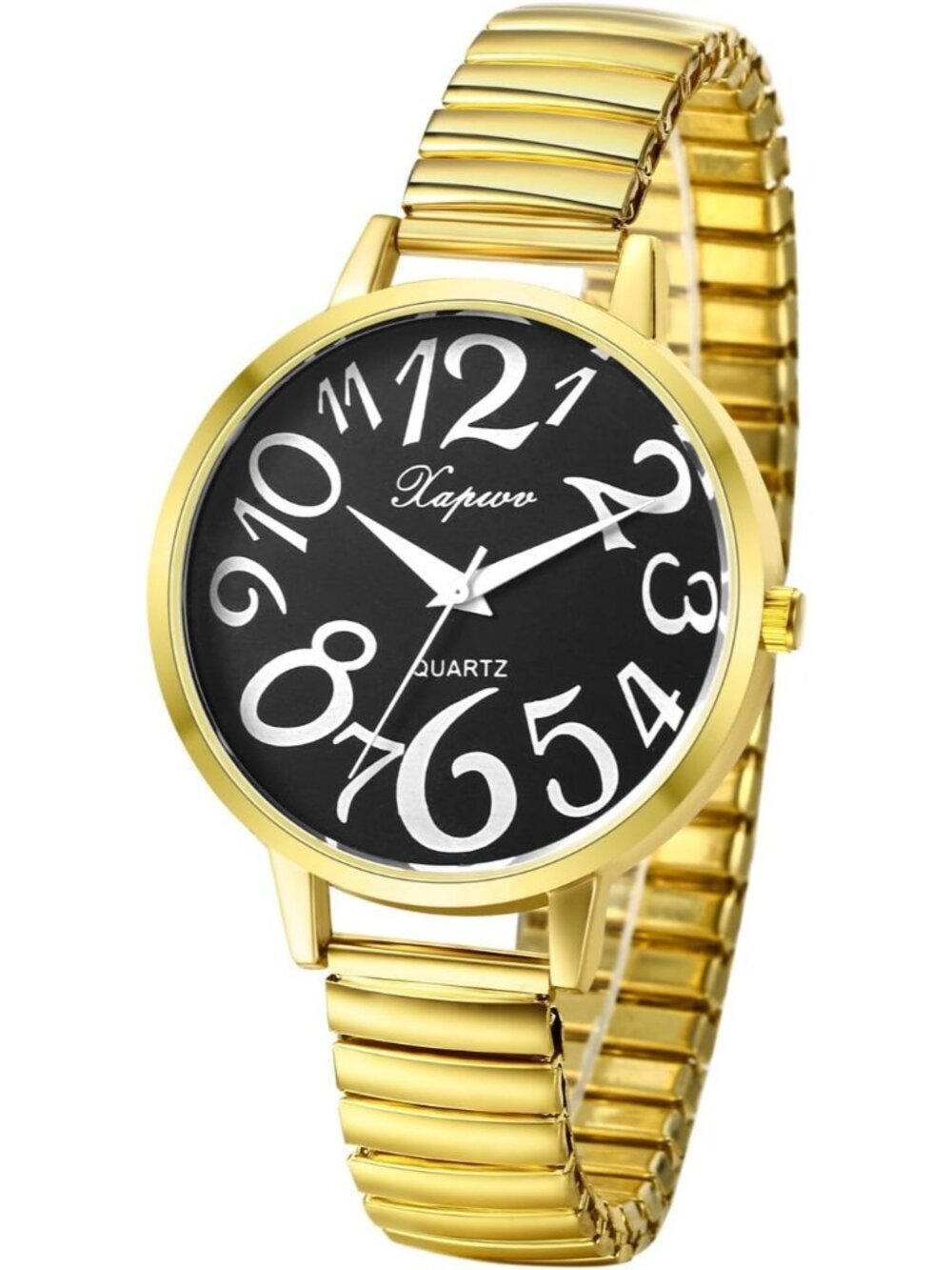 Women's Gold And Black Analog Big Numbers Easy Reader Stretch Band Wrist Watch